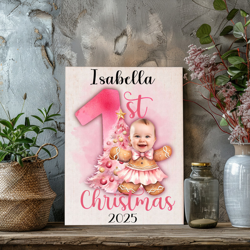 Baby girl first Christmas canvas wall art in blush pink, gingerbread ballerina, custom script name, holiday nursery decor Baby girl first Christmas canvas wall art in blush pink, gingerbread ballerina, custom script name, holiday nursery decor