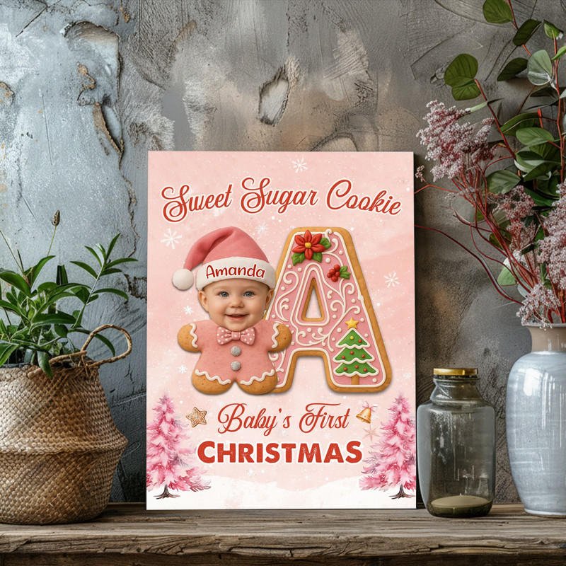 Baby pink gingerbread canvas wall art, sugar cookie theme with frosting, personalized name for newborn's first holiday