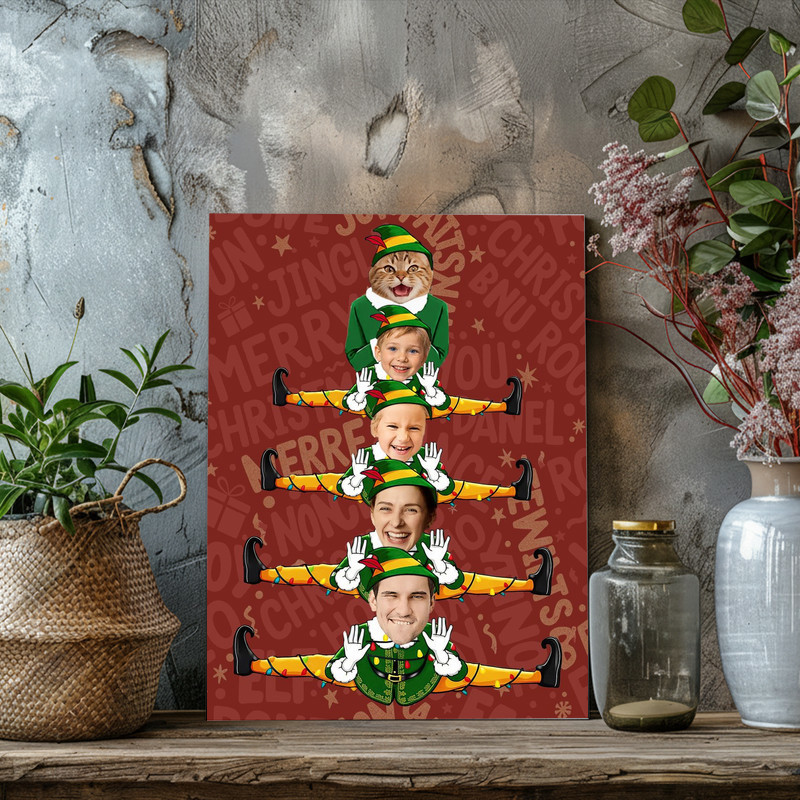 Elf family Christmas tree canvas wall art, red plaid background, three elves in hats, personalized names, funny family gift