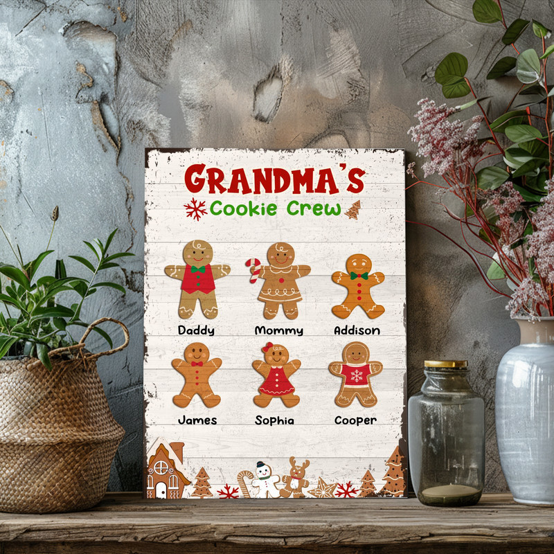 Gingerbread family Christmas canvas wall art, landscape, personalized with grandkids’ names for Grandma’s Cookie Crew