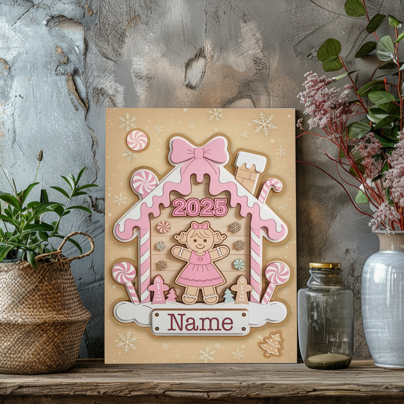 Personalized pink gingerbread canvas wall art with name, pastel cookie motif, Christmas gift for newborn baby girl nursery Personalized pink gingerbread canvas wall art with name, pastel cookie motif, Christmas gift for newborn baby girl nursery