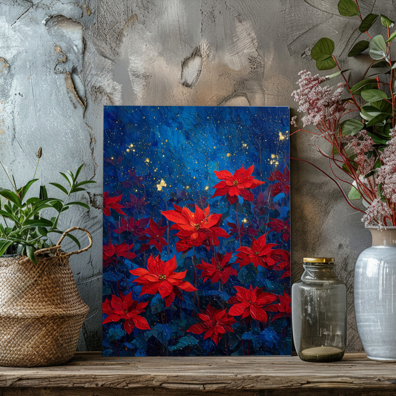 Poinsettias night garden canvas wall art, gallery-wrapped featuring crimson poinsettias, inky blue ground, painterly style