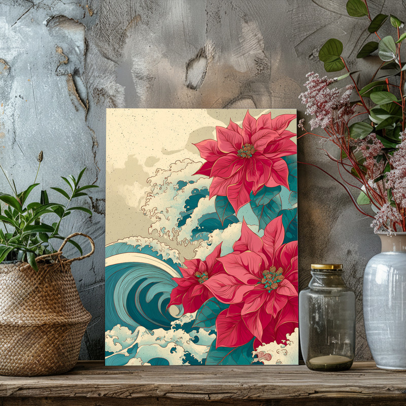 Japanese-inspired poinsettias and ocean waves canvas wall art, woodblock lines, scarlet flowers and cobalt sea, matte finish