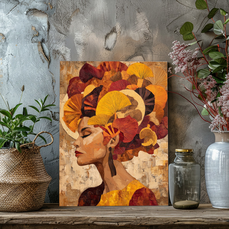 Portrait of a woman with an extravagant headdress canvas wall art, rich terracotta and amber tones suited to a modern dorm