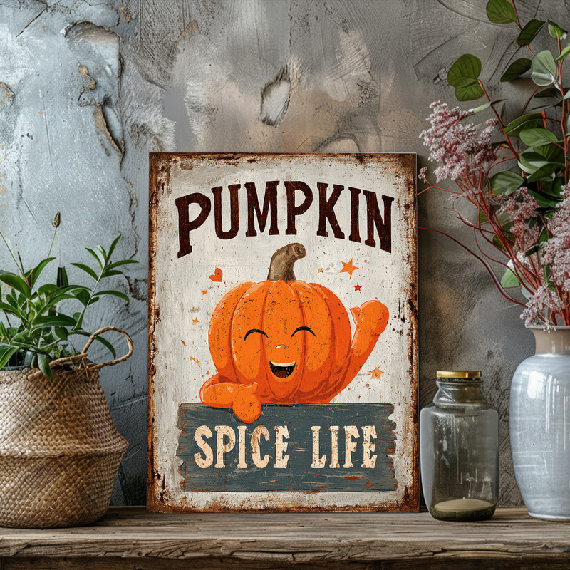 Pumpkin spice life meme canvas wall art with bold orange script on cream background, vertical, cozy Thanksgiving dorm decor