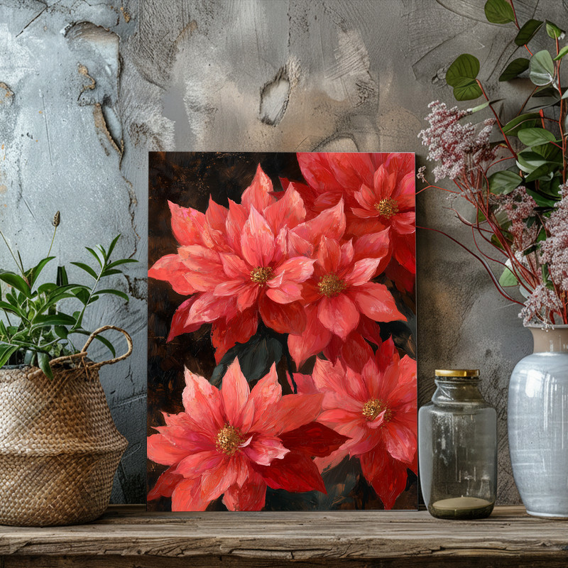 Red poinsettias portrait canvas wall art, rustic fine art with distressed canvas texture and crimson flower clusters