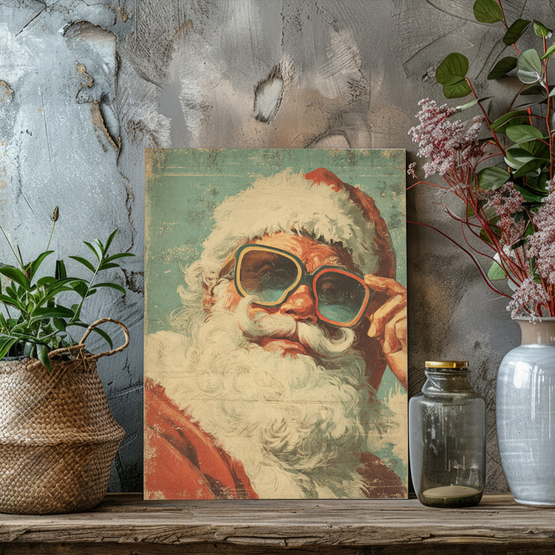 Retro Santa canvas wall art, cheerful kitsch look, adds playful holiday spirit to dorm room walls and study nooks across campus