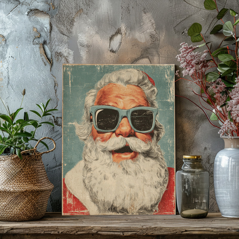 Retro Santa canvas wall art, framed with natural wood trim for a nostalgic look, Christmas accent for student dorms.