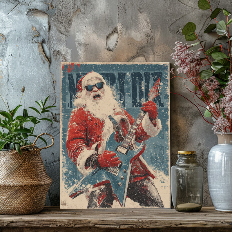 Rockstar Santa Christmas canvas wall art, retro rustic dorm decor with vintage patina; fun holiday gift for college students