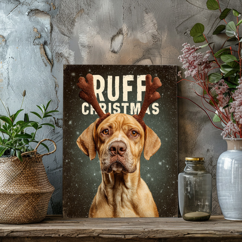 Ruff Christmas dog meme canvas wall art in bold pop-art colors, cheeky caption, fun gift for college students and dog lovers