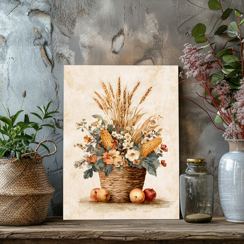 Rustic farmhouse harvest canvas wall art in warm autumn hues, ideal for dorm room decor with classic harvest motifs and country textures.