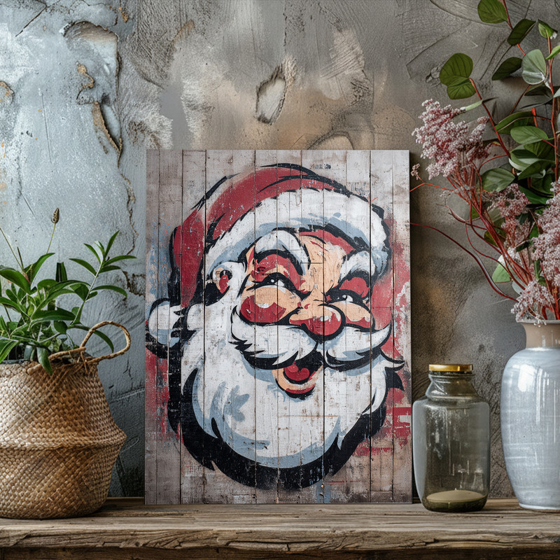 Santa Claus graffiti canvas wall art for dorm room, close-up bust with monochrome tags and red accents, urban Christmas decor Santa Claus graffiti canvas wall art for dorm room, close-up bust with monochrome tags and red accents, urban Christmas decor
