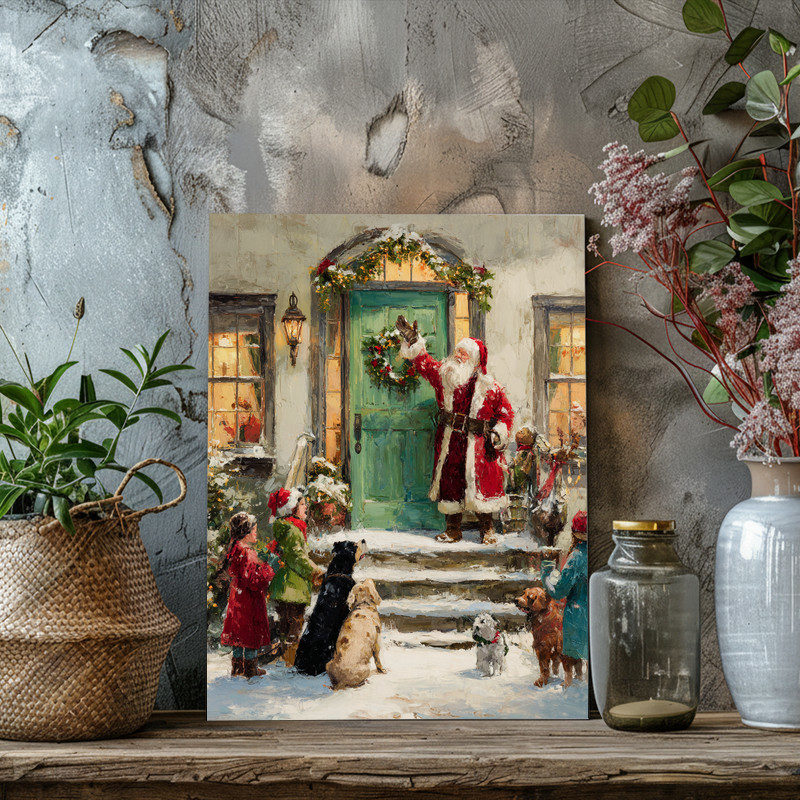 Santa on the step with green door canvas wall art, snowy step with wreath, vertical print adds festive warmth to living room