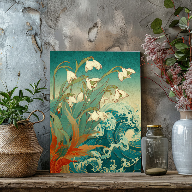 Snowdrops & Waves Harmony canvas wall art, pastel watercolor look of blooms and gentle tide, nursery gift for nature lovers