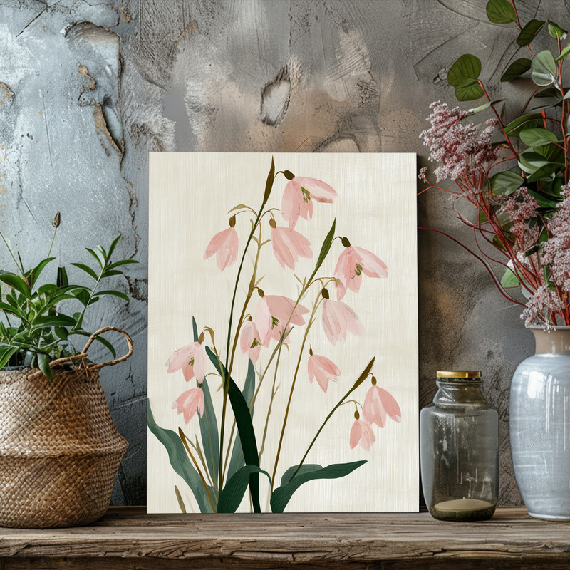 Soft blush snowdrops canvas wall art, sepia-toned vintage botanical print on canvas, neutral beige backdrop for gallery walls