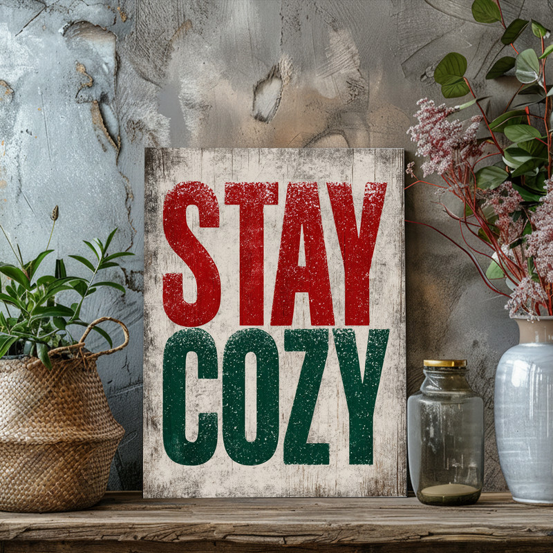 Christmas canvas wall art, vertical orientation, distressed red and green palette with snowy vibe, statement for dorm rooms