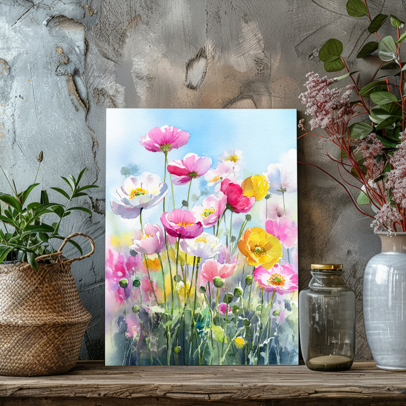 Anemone flower garden canvas wall art in warm sunlight, layered petals, soft edges, and calm tones evoke relaxed nature