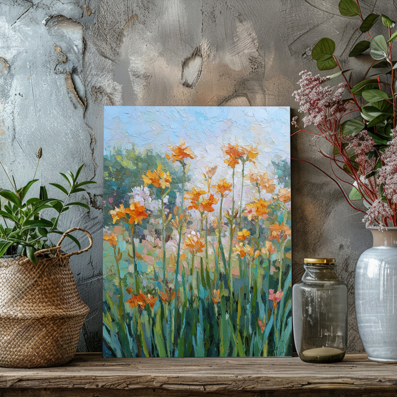 Sunny Day Amaryllis Garden watercolor canvas wall art in a vibrant watercolor style, garden motif for dining room decor