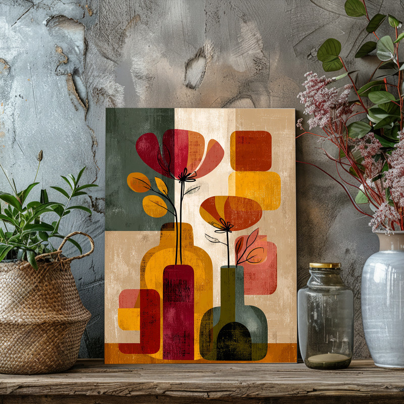 Thanksgiving flower vase canvas wall art with textured impasto petals on deep green, stylish dorm room decor accent, portrait