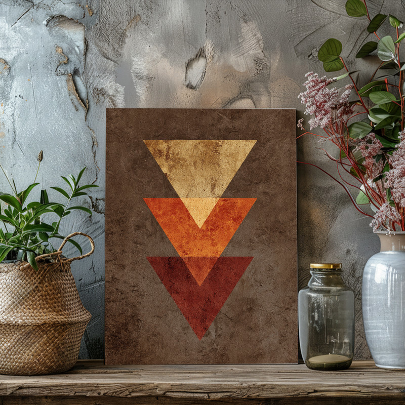 Thanksgiving geometric canvas wall art in mid-century style, maple leaf polygons, burnt umber and olive, for dorm walls