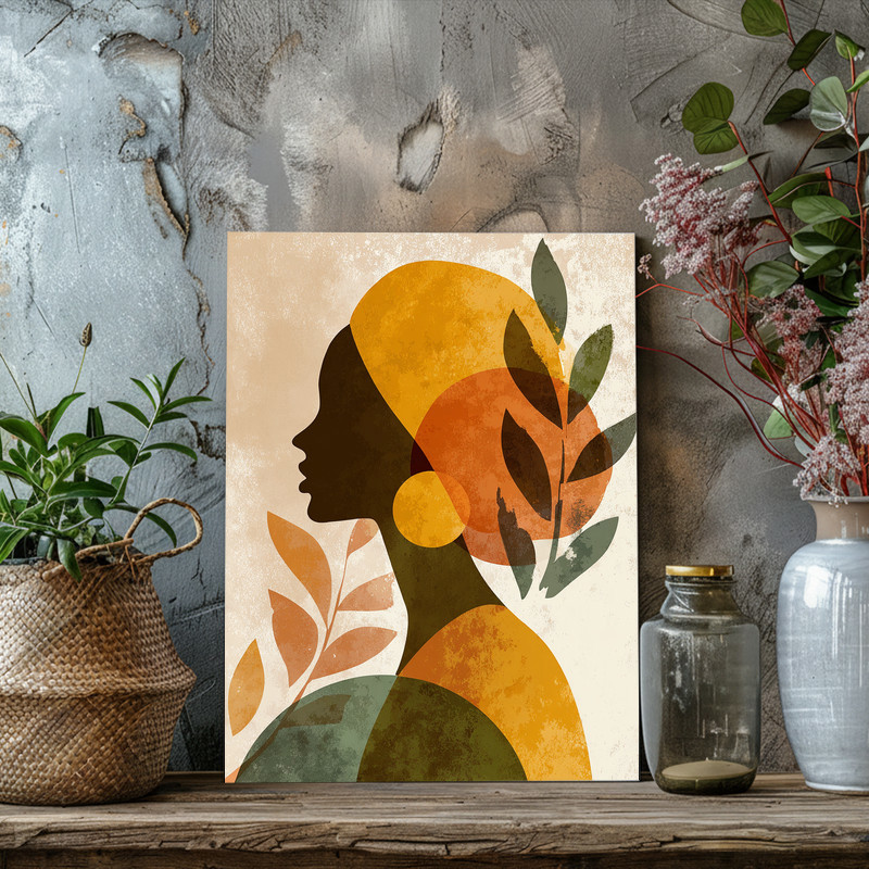 Thanksgiving inspired minimalist woman canvas wall art, side profile silhouette in muted oranges, vertical canvas for dorms