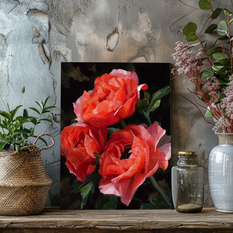 Ranunculus botanical canvas wall art, pastel bouquet arrangement with gentle brush texture, square format for airy interiors