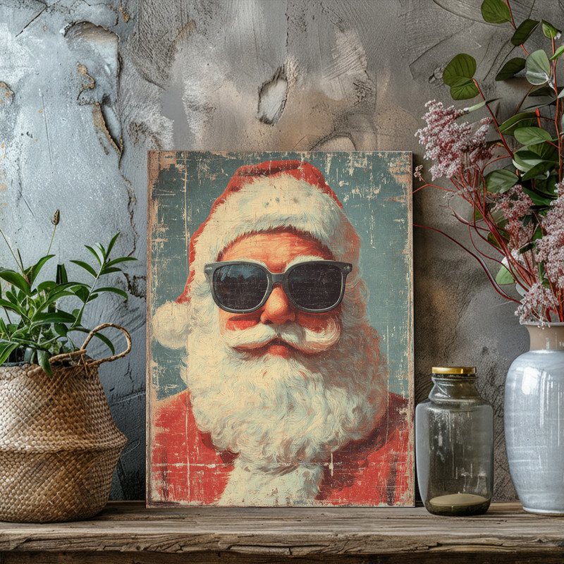 Vintage retro funny Santa portrait canvas wall art, centered composition with soft green tones, cozy dorm decor for Christmas Vintage retro funny Santa portrait canvas wall art, centered composition with soft green tones, cozy dorm decor for Christmas