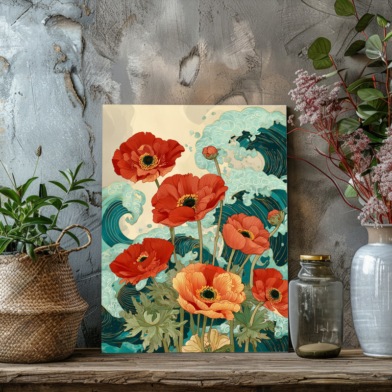 Ocean-inspired anemones and waves canvas wall art, soothing palette and flowing lines enhance a spa-like bathroom or foyer.