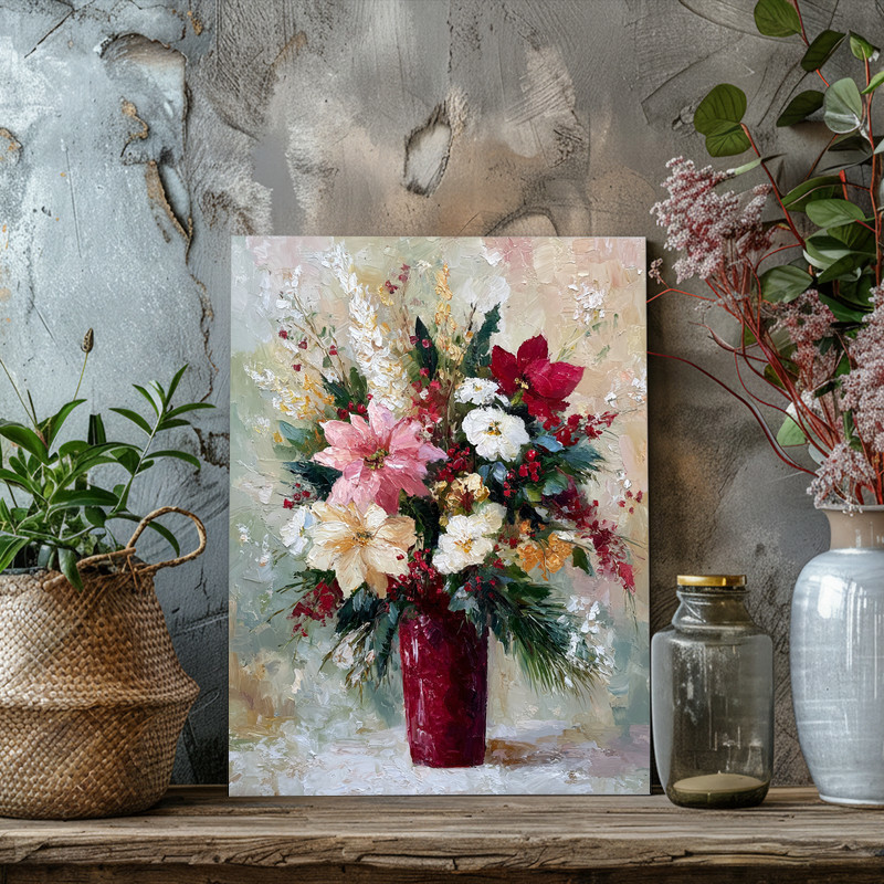 Winter vase canvas wall art with watercolor look, sleek vase and evergreen stems, refined holiday vibe for student spaces Winter vase canvas wall art with watercolor look, sleek vase and evergreen stems, refined holiday vibe for student spaces