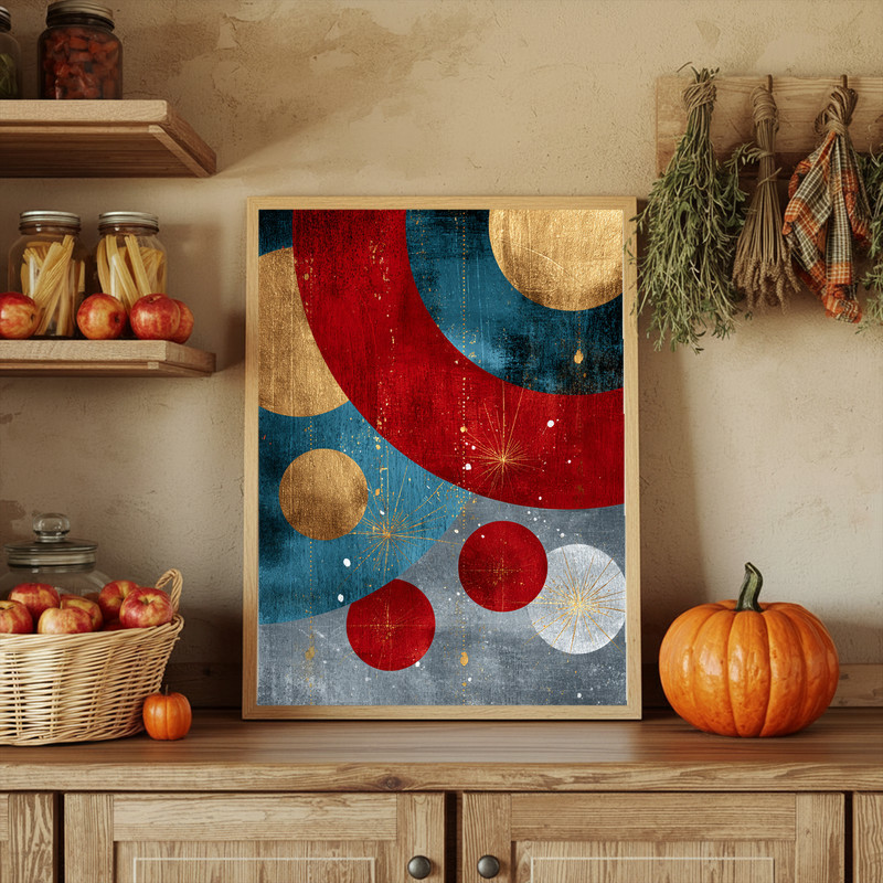 Abstract Christmas ornament canvas wall art with textured brushstrokes, neutral palette fits Nordic dorm decor.