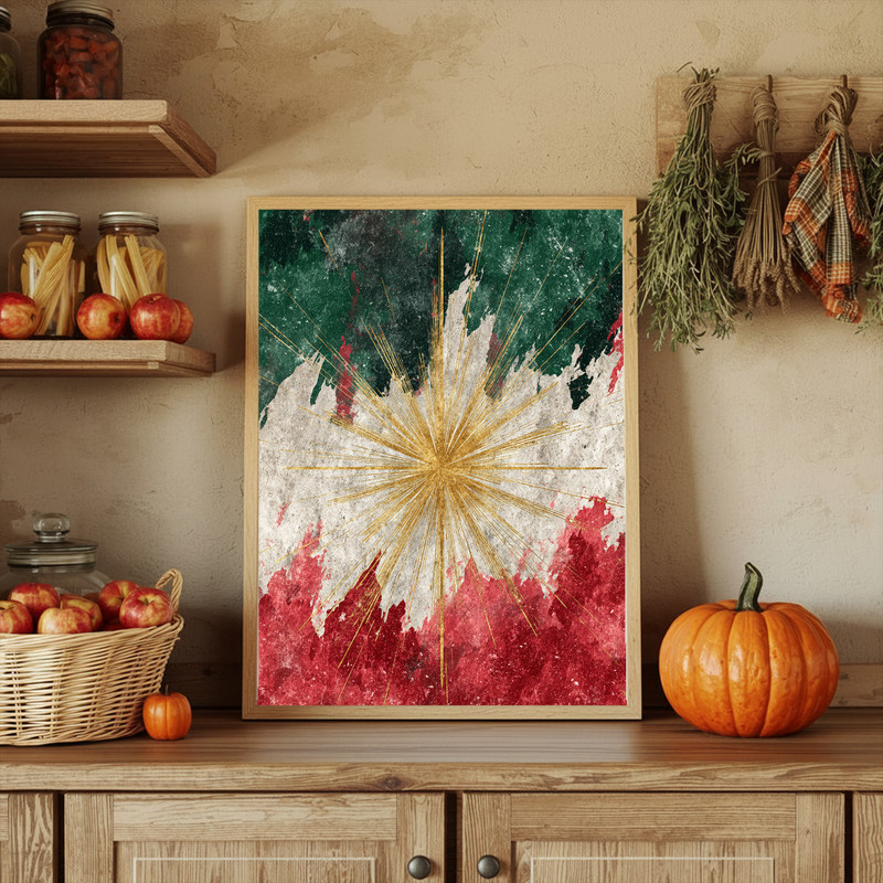 Abstract Christmas Star canvas wall art with neon glow edges on charcoal background, landscape orientation, dorm holiday decor