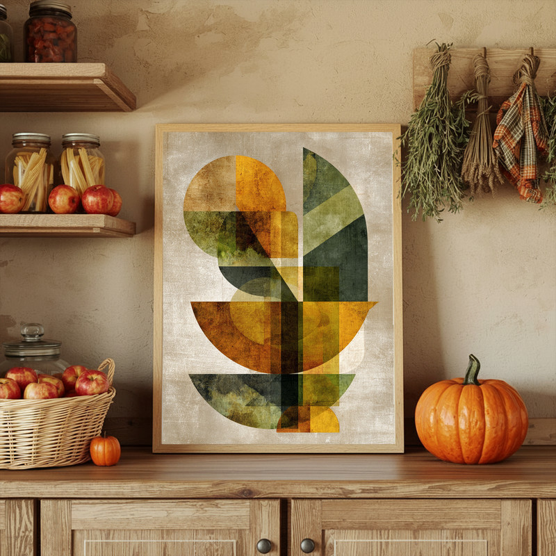 Abstract Thanksgiving cornucopia canvas wall art with bold shapes, ochre and olive palette, brushstrokes for dorm room
