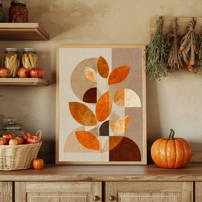 Abstract Thanksgiving leaves canvas wall art featuring burnt orange and olive hues, vertical piece for small dorm walls Abstract Thanksgiving leaves canvas wall art featuring burnt orange and olive hues, vertical piece for small dorm walls