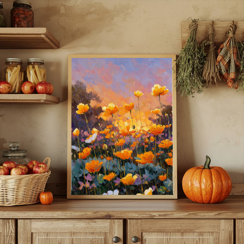 Amber Horizon canvas wall art, impressionist sunset florals with anemones, amber and mauve tones add warmth to entryway decor