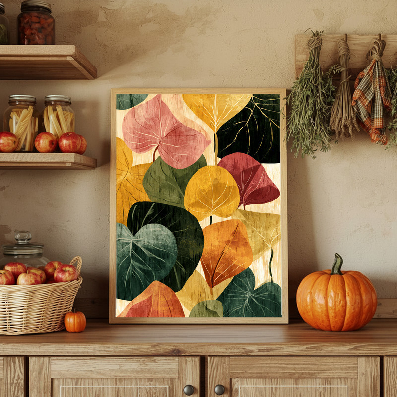 Autumn Bloom canvas wall art, abstract floral shapes in mustard and terracotta, lightweight art for renter-friendly dorm walls