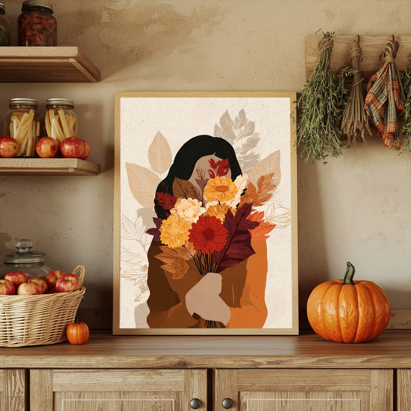 Autumn muse canvas wall art in horizontal layout, fall color wash and airy negative space for serene dorm room decor