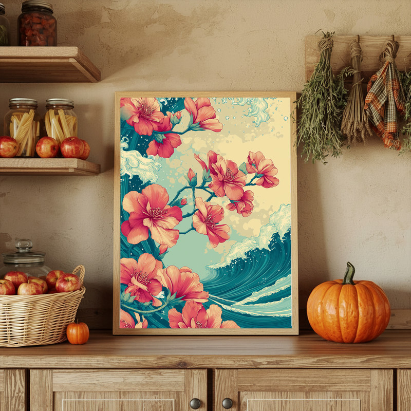 Azaleas and ocean waves floral canvas wall art, vertical portrait layout featuring shoreline blooms and gentle surf