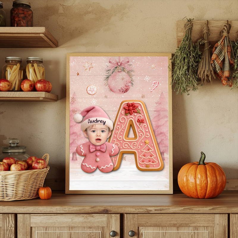 Baby pink gingerbread themed canvas wall art with custom name letter and photo, Christmas keepsake decoration for the nursery Baby pink gingerbread themed canvas wall art with custom name letter and photo, Christmas keepsake decoration for the nursery