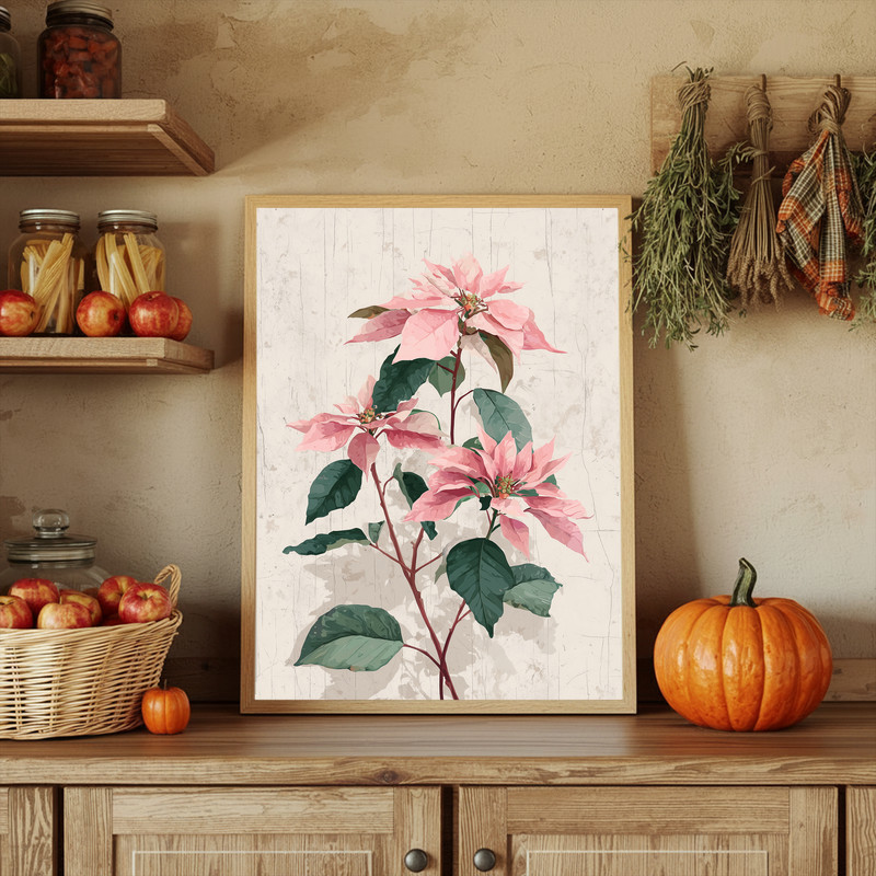 Blush pink poinsettias canvas wall art, vintage botanical illustration twin blooms with stems and leaves, ivory ground