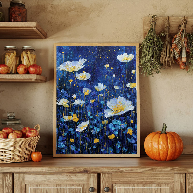 Anemones Beneath The Stars canvas wall art in cool tones, floral blooms against a starry backdrop, tranquil decor accent