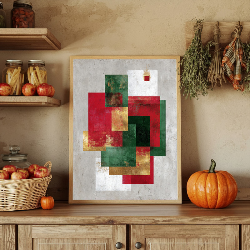 Christmas abstract canvas wall art, muted pastel holiday palette with gold flecks, soft modern look for small dorm spaces