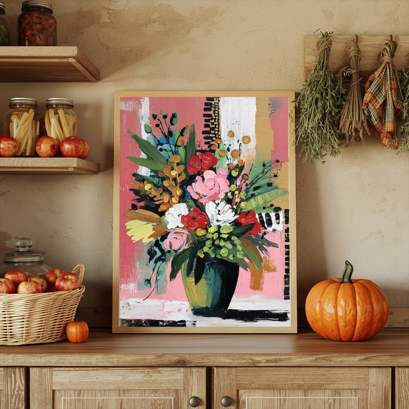 Christmas cheer abstract vase canvas wall art, textured paint and warm earthy tones, portrait, cozy dorm room decor accent