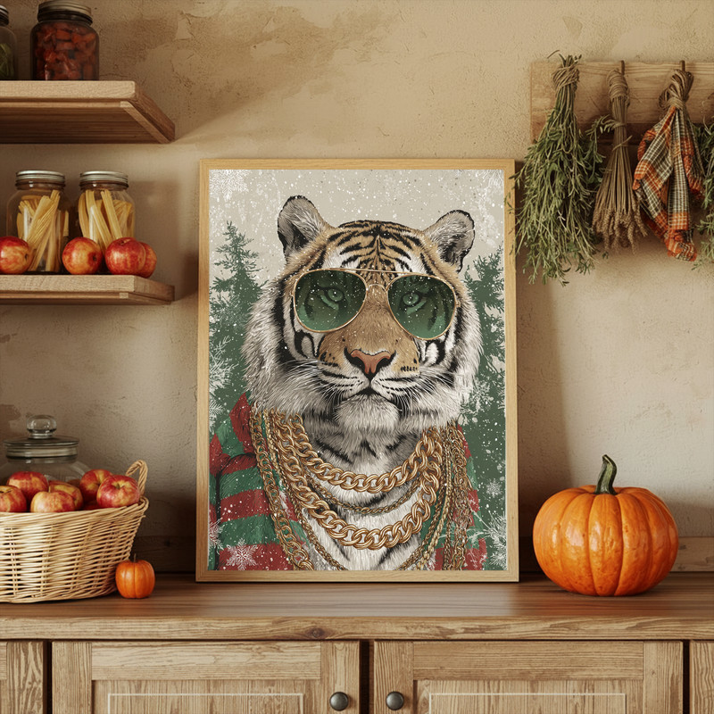 Christmas tiger canvas wall art, monochrome with bold red Santa cap, vertical canvas adds edgy holiday flair to dorm rooms