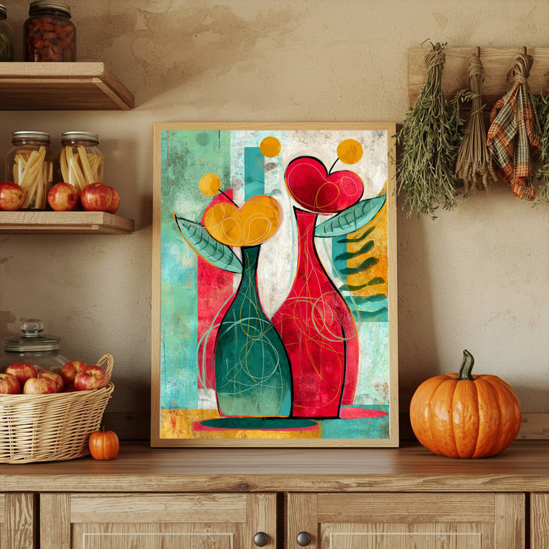 Abstract Christmas flower vase canvas wall art with contemporary color blocks in holiday palette, versatile for dorm decor