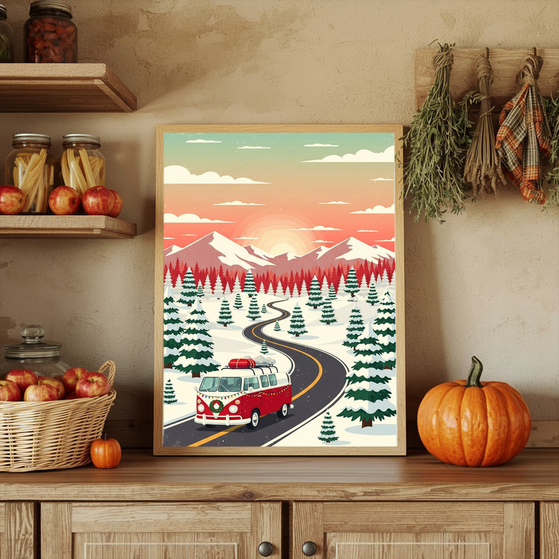 Christmas journey canvas wall art highlighting a festive road with bokeh lights, modern dorm room decor in a square format