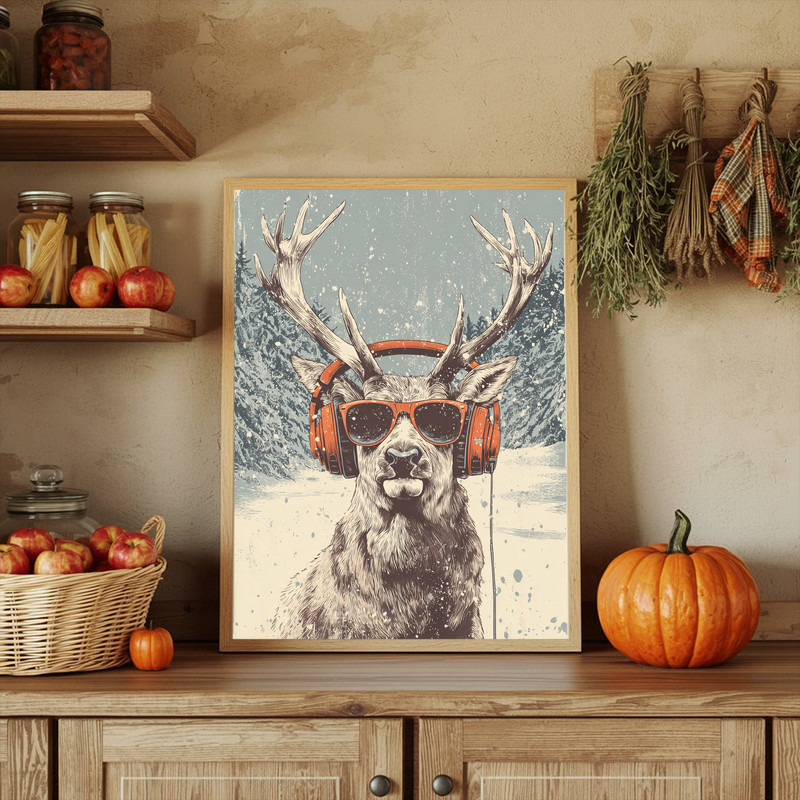 Christmas reindeer canvas wall art in vibrant comic pop art with gradient sky and snow icons, dorm decor, wide format Christmas reindeer canvas wall art in vibrant comic pop art with gradient sky and snow icons, dorm decor, wide format