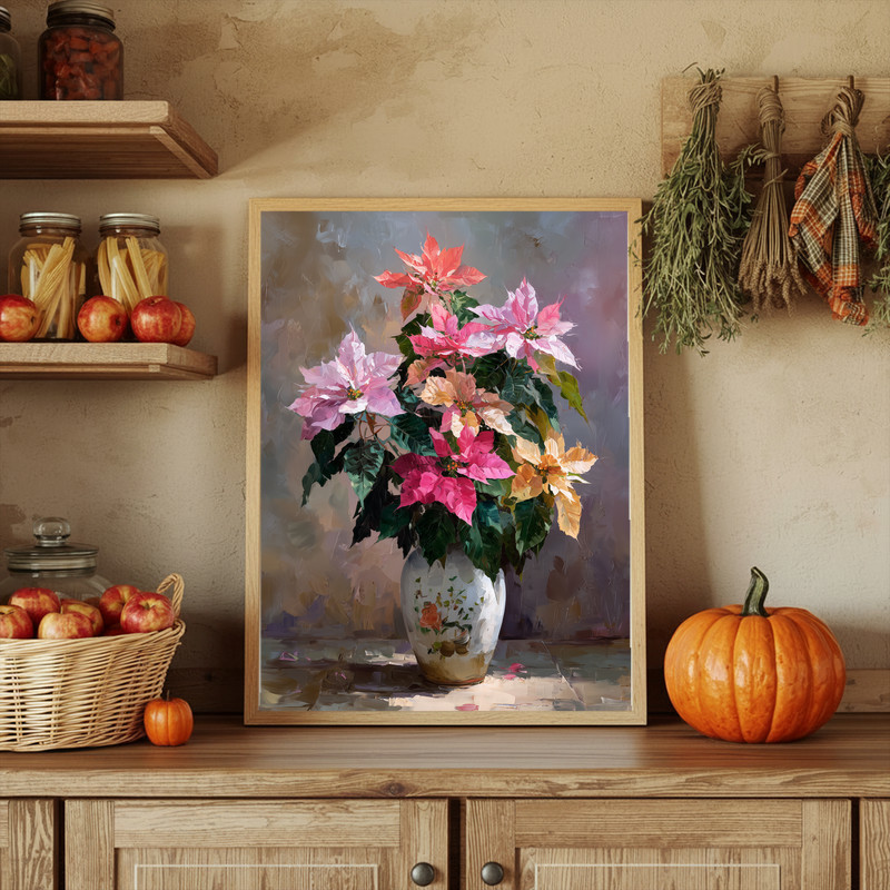 Colorful poinsettias vase canvas wall art, realistic oil blooms with textured brushstrokes, festive for dining room decor