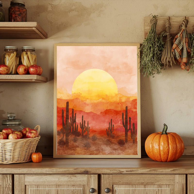 Desert harvest Thanksgiving landscape canvas wall art showing sunrise glow over arid fields, textured finish for dorm walls