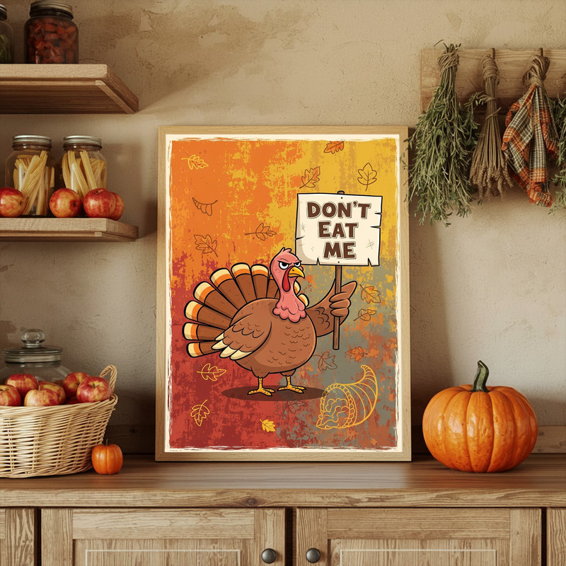 Funny Thanksgiving rustic canvas wall art featuring distressed 'Don’t Eat Me' turkey meme text, farmhouse style for college dorm decor