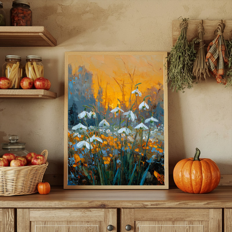 Dusty pink snowdrops canvas wall art, rustic botanical portrait close-up with gentle texture, vertical canvas for hallway display